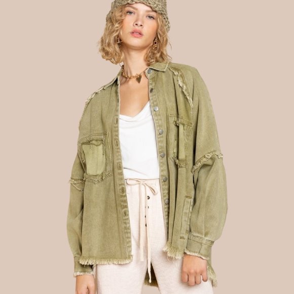 POL Vintage Looking Distressed Olive Green Shacket Jacket: - Picture 3 of 6